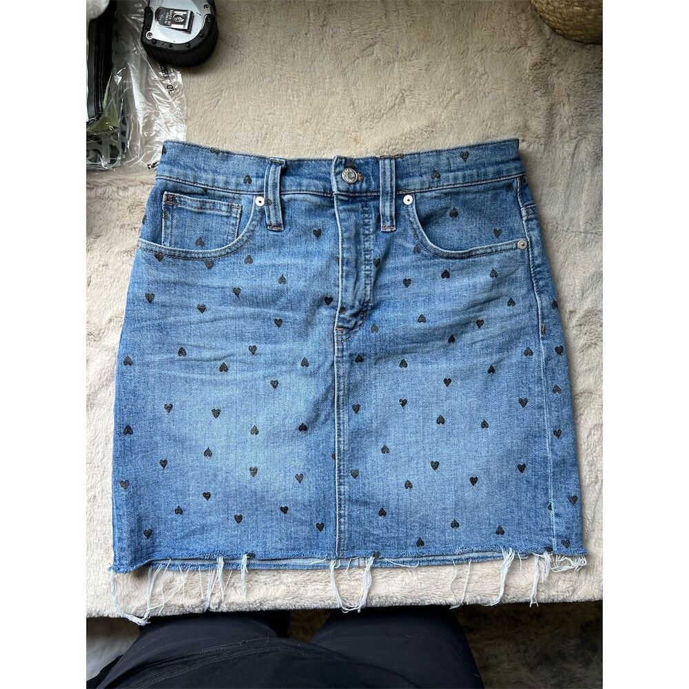 Madewell Women's Blue Heart Print Stretch Denim Mini Skirt Size 28